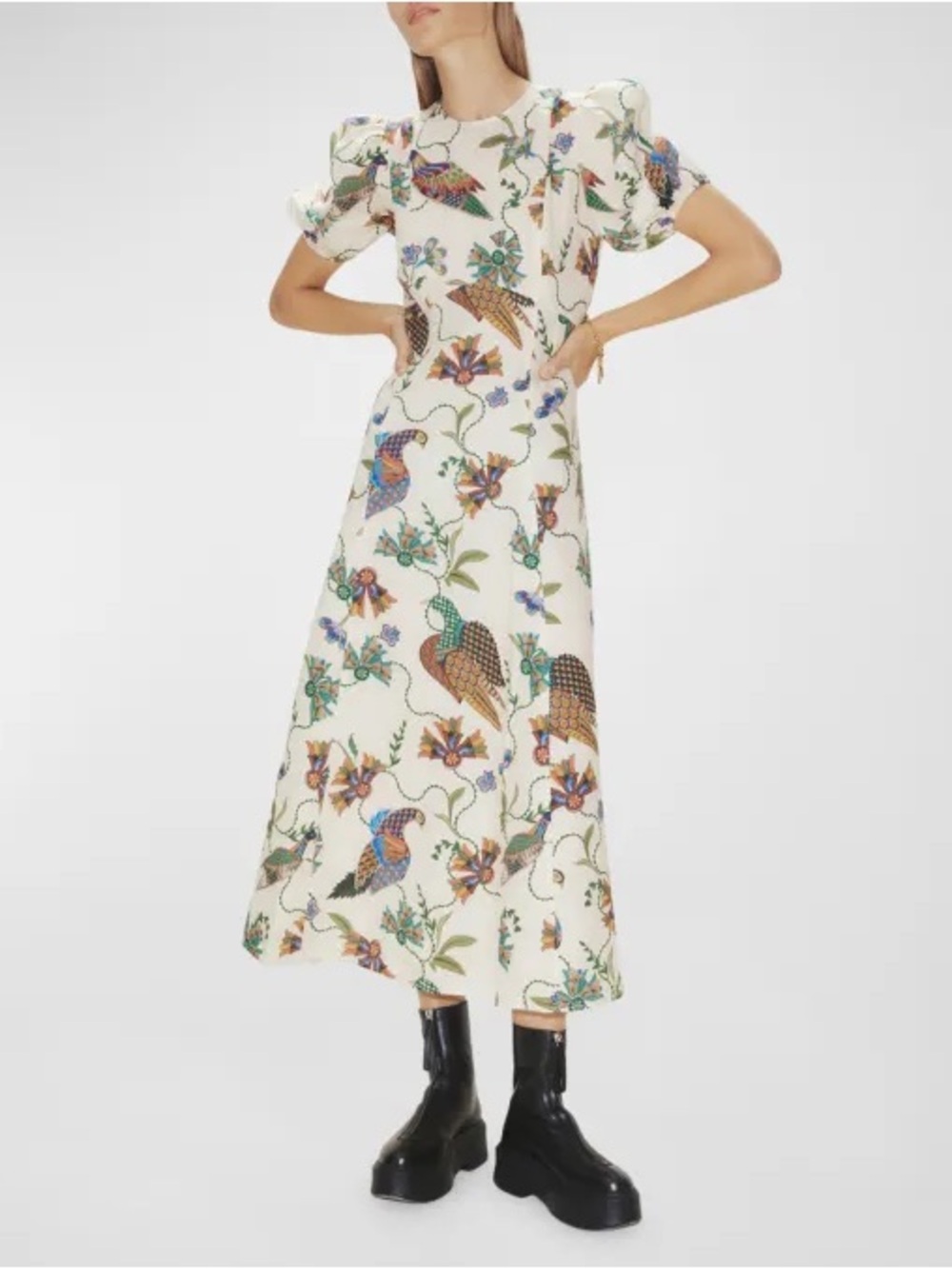 ALEMAIS Birdie Linen Dress Bird Floral Print Puff Sleeves Size 4 VGUC